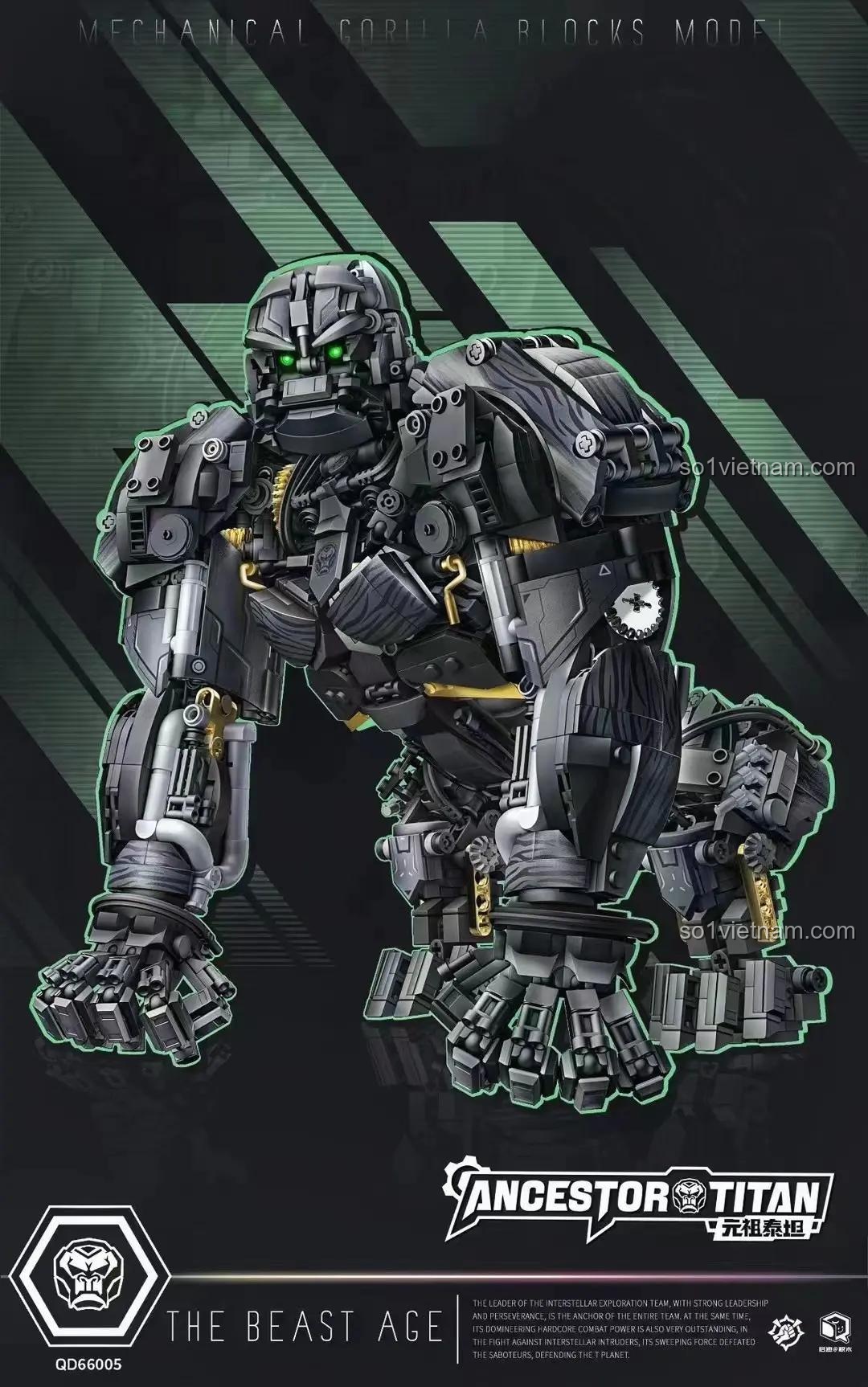 Poster giới thiệu đồ chơi mô hình Qidi 66005 Robot Khỉ đột Cơ khí, thể hiện sự hầm hố và chi tiết của sản phẩm.