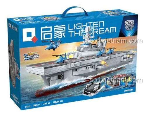 Hộp bộ xếp hình Qman 22019 Tàu Sân Bay Lưỡng Cư, đồ chơi xây dựng cho bé trai 6 tuổi, kèm máy bay trực thăng, chất lượng cao.