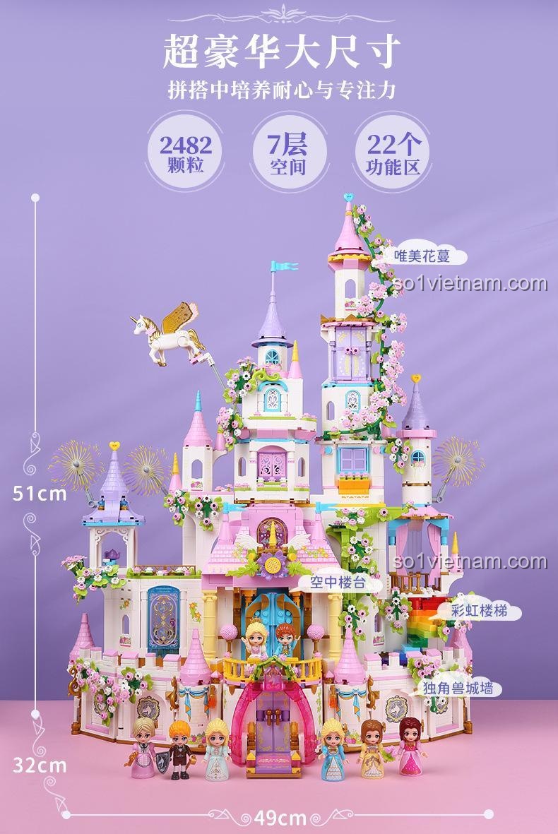 Kích thước chi tiết của Lâu đài cổ tích 32022: cao 51cm, dài 49cm, rộng 32cm, với 2482 mảnh, 7 tầng, 22 khu chức năng.