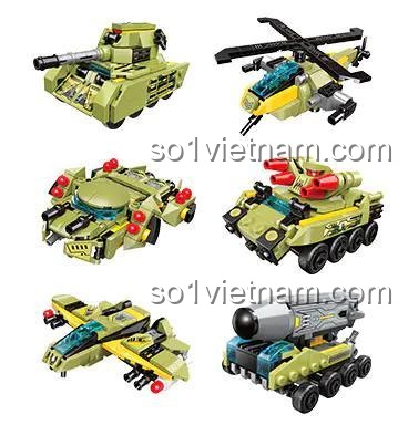 Đồ chơi lắp ráp QMAN 41108 gồm 6 mô hình xe quân sự có thể hợp thể thành robot lớn, một lựa chọn giá tốt.