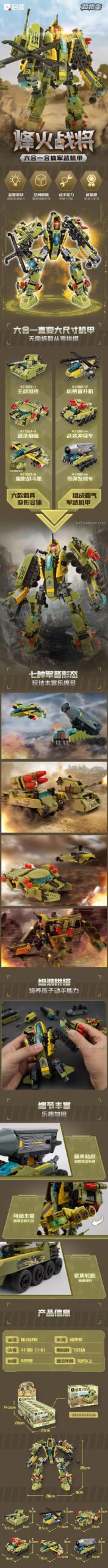 Chi tiết các tính năng và kích thước của bộ lắp ráp Robot 6 trong 1 QMAN 41108, đồ chơi giáo dục cho bé trai.