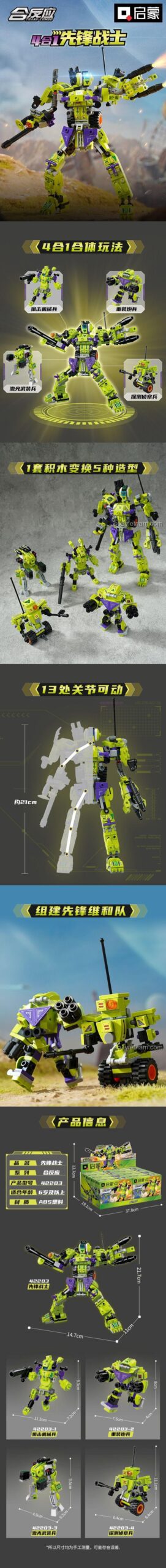 Toàn cảnh 5 mẫu lắp được từ bộ đồ chơi QMAN 42203: 4 robot nhỏ và 1 robot hợp thể lớn. Món quà tuyệt vời cho bé trai.