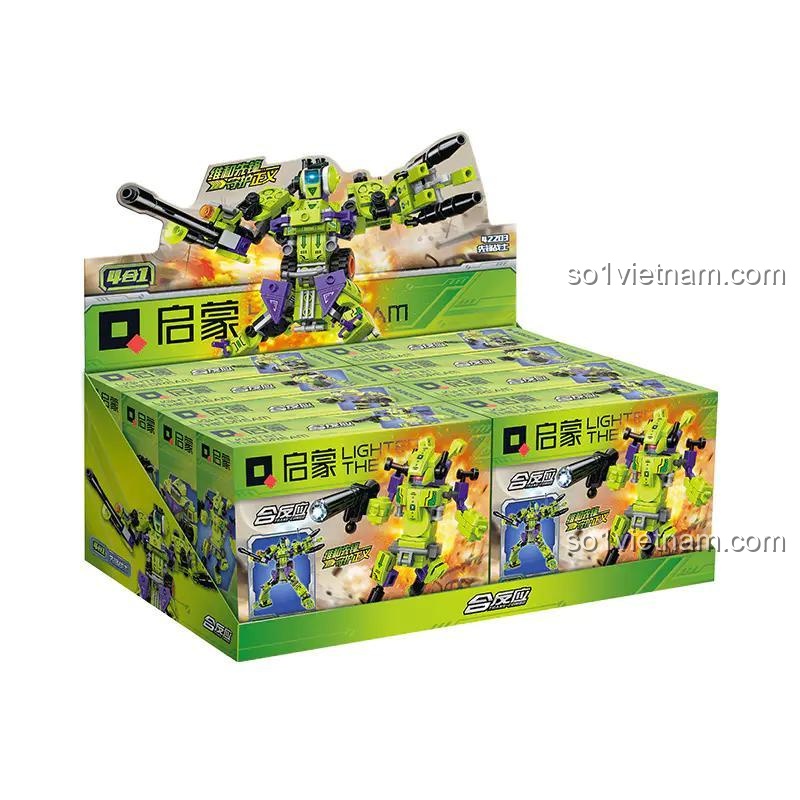 Ảnh thông tin chi tiết về tính năng và kích thước của Mô hình Robot Chiến Đấu Hợp Thể QMAN. Chiều cao robot hợp thể là 21.7cm.