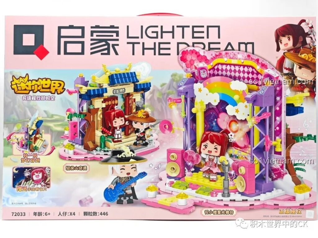 Mặt trước hộp bộ lắp ghép QMAN 72033 Mini World Dòng Thời Gian Kép với hình ảnh hai bối cảnh sân khấu và núi Khinh Hầu.