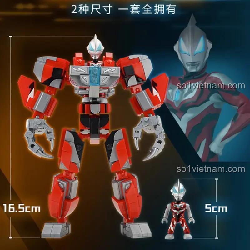 So sánh kích thước của Mecha Ultraman Geed 75047 (16.5cm) và minifigure đi kèm (5cm).