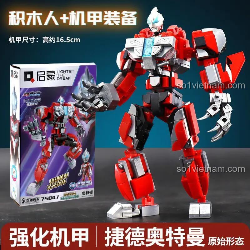 Hình ảnh quảng cáo bộ lắp ráp Mô hình Ultraman Geed Dạng Nguyên Thủy 75047, thể hiện sự hoành tráng của mecha.