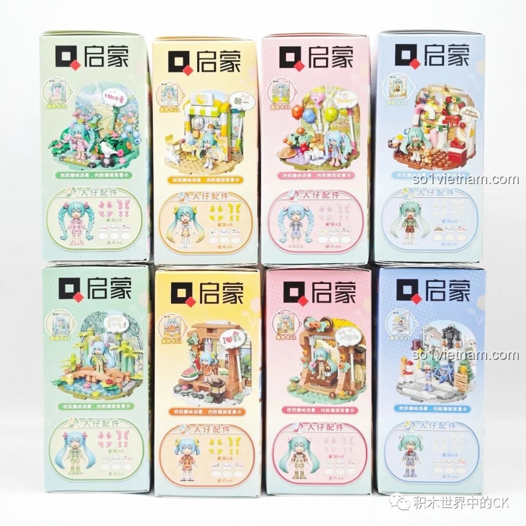 Đánh giá Qman 76011 Hatsune Miku Bốn Mùa: Mặt sau của 8 hộp nhỏ, hiển thị các chi tiết và phụ kiện.