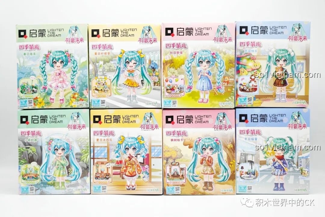 Bộ lắp ghép Hatsune Miku: 8 hộp nhỏ riêng biệt của bộ Qman 76011, mỗi hộp một chủ đề Miku theo mùa.