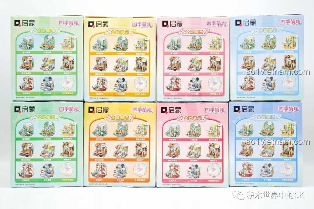 Bộ lắp ghép Hatsune Miku: Toàn cảnh 8 hộp nhỏ của bộ Qman 76011, thể hiện sự đa dạng của bộ sưu tập.