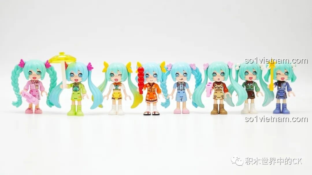 Bộ lắp ghép Hatsune Miku: 8 minifigures Hatsune Miku với trang phục đa dạng, thể hiện các chủ đề mùa.