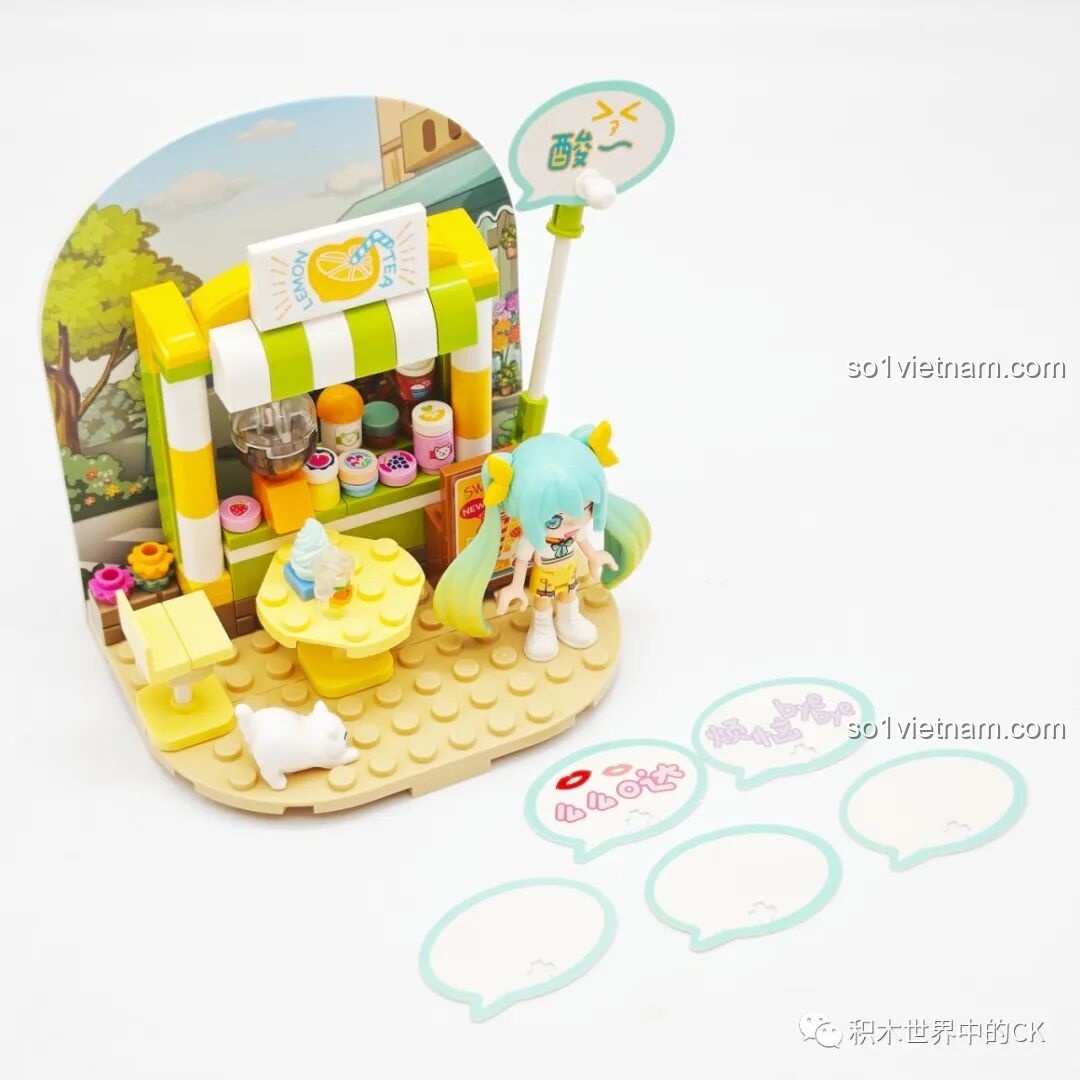 Bộ lắp ghép Hatsune Miku: Góc nhìn khác của mô hình Trà Chanh Mát Lạnh, chi tiết ly trà chanh và chú mèo con.