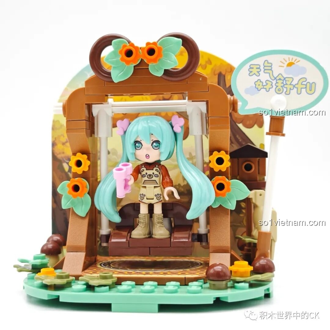 Bộ lắp ghép Hatsune Miku: Mô hình Xích Đu Lá Phong hoàn chỉnh, Miku ngồi trên xích đu dưới tán cây phong.