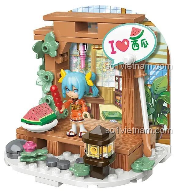 Qman 76011 Hatsune Miku chủ đề Dưa Hấu Giải Nhiệt, bộ lắp ghép Mô hình Hatsune Miku cho bé gái 6 tuổi, giá tốt
