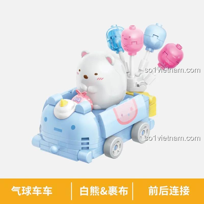 Cận cảnh mô hình xe hơi của Gấu Trắng Shirokuma và Khăn gói Furoshiki từ bộ đồ chơi mô hình Keeppley 77021.