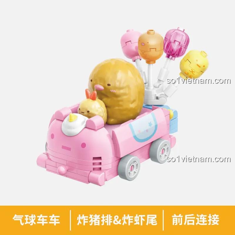 Chi tiết xe hơi màu hồng của Heo Chiên Xù Tonkatsu và Tôm Chiên Ebifurai no Shippo, một phần của bộ đồ chơi Đoàn xe bong bóng của các nhân vật Sumikko Gurashi.