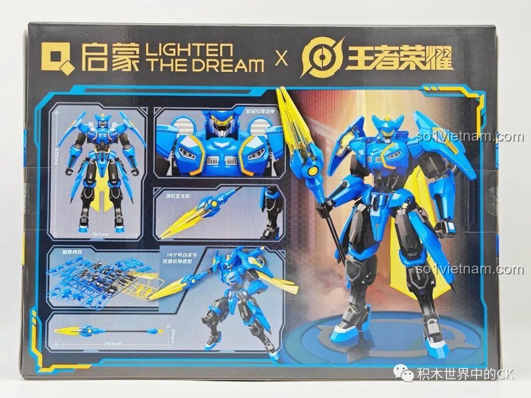 Mặt sau hộp Figure lắp ráp Triệu Vân 78005, mô tả các tính năng nổi bật như 149 khớp cử động và kích thước mô hình.