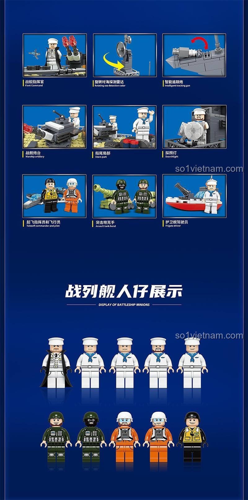Dàn minifigures thủy thủ đoàn đi kèm bộ đồ chơi xây dựng Thiết giáp hạm hạng nặng Quan Guan 100041, tăng thêm tính sinh động cho mô hình.