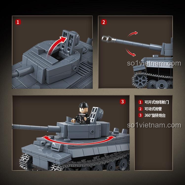 Hình ảnh mô tả các tính năng của bộ lắp ghép Cỗ xe tăng Tiger I của Đức Quốc Xã: nắp khoang lái có thể mở, nòng pháo di động và tháp pháo xoay 360 độ.