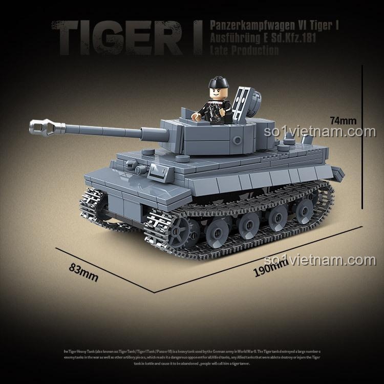 Hình ảnh chi tiết kích thước của Mô hình xe tăng Tiger I 100242: dài 190mm, rộng 83mm, cao 74mm. Một lựa chọn giá tốt cho các bé trai đam mê quân sự.