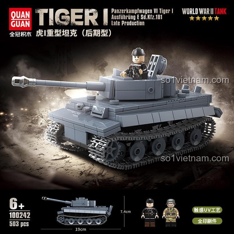 Ảnh quảng cáo bộ đồ chơi mô hình Xe tăng hạng nặng Tiger I Quan Guan, thể hiện kích thước mô hình 19cm x 7.4cm và 2 minifigures lính Đức đi kèm.