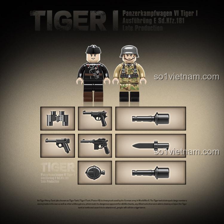 Hai minifigures lính xe tăng Đức và các phụ kiện đi kèm trong bộ đồ chơi lắp ráp Quan Guan 100242, bao gồm súng lục, ống nhòm và các trang bị khác.