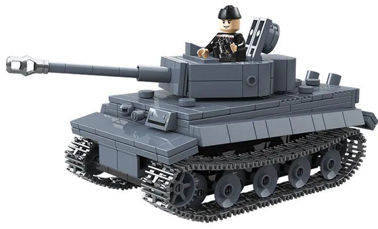 Hộp sản phẩm của bộ xếp hình 100242 Xe tăng Tiger I từ hãng Quan Guan. Hộp màu đen với hình ảnh xe tăng và thông tin 503 chi tiết, dành cho trẻ từ 6 tuổi.