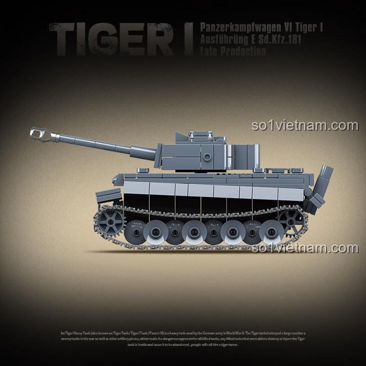 Góc nhìn bên hông của đồ chơi mô hình Xe tăng hạng nặng Tiger I, thể hiện rõ hệ thống bánh xích và chiều dài của nòng pháo.