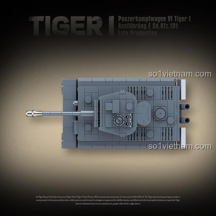 Ảnh chụp từ trên cao của bộ xếp hình Mô hình xe tăng Tiger I, làm nổi bật thiết kế tháp pháo, nòng súng và các chi tiết trên thân xe.