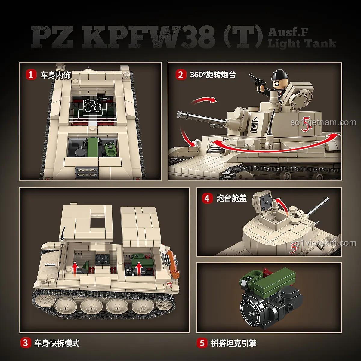 Tính năng bộ đồ chơi xe tăng Đức Panzer 38(T) Ausf.F QUAN GUAN 100285