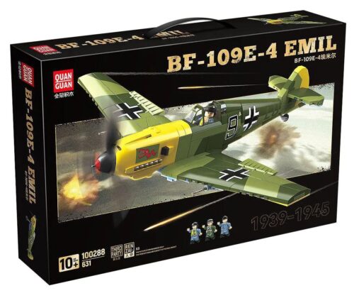 Hộp sản phẩm bộ lắp ráp Máy bay chiến đấu Đức BF-109E-4 Quan Guan 100288, đồ chơi mô hình 631 chi tiết cho bé trai 10 tuổi, giá rẻ.