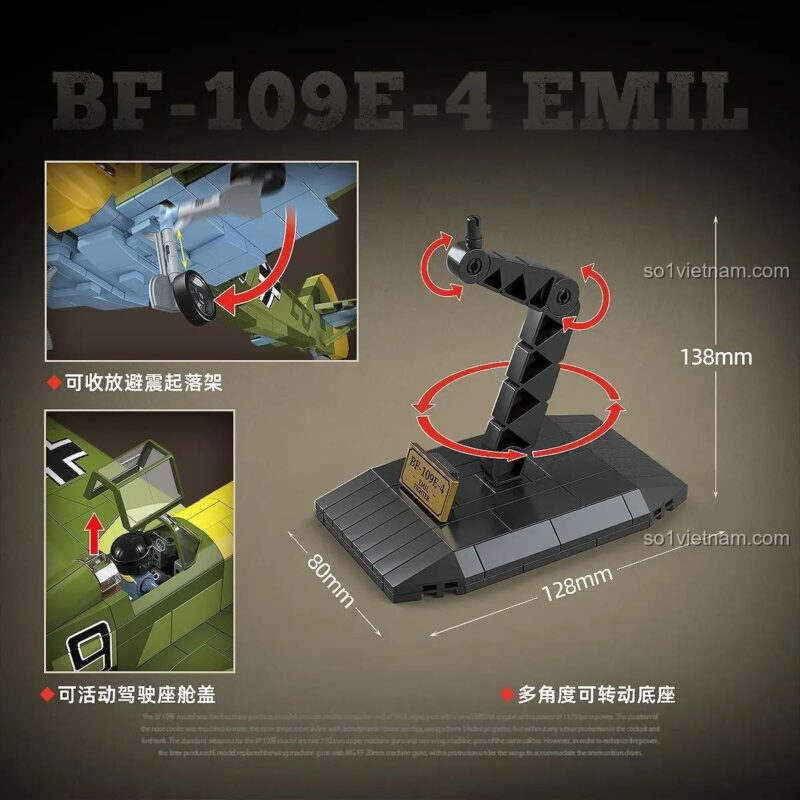 Các tính năng nổi bật của bộ đồ chơi xây dựng Chiến đấu cơ Luftwaffe BF-109 Emil: càng đáp thu vào được, buồng lái mở và giá trưng bày đa góc.