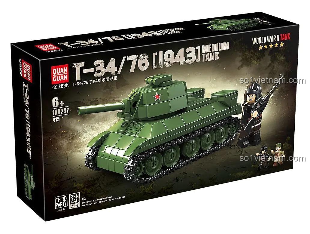 Hộp sản phẩm của bộ lắp ráp 100297 Xe tăng Liên Xô T-34/76 từ hãng Quan Guan, thể hiện hình ảnh xe tăng và minifigure lính.