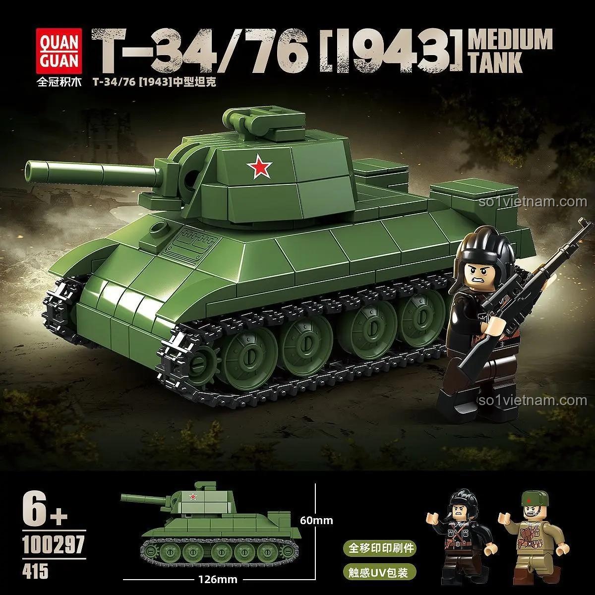 Ảnh giới thiệu bộ lắp ghép Xe tăng Liên Xô T-34/76 Quan Guan, hiển thị kích thước mô hình 126mm x 60mm và 2 minifigures đi kèm.