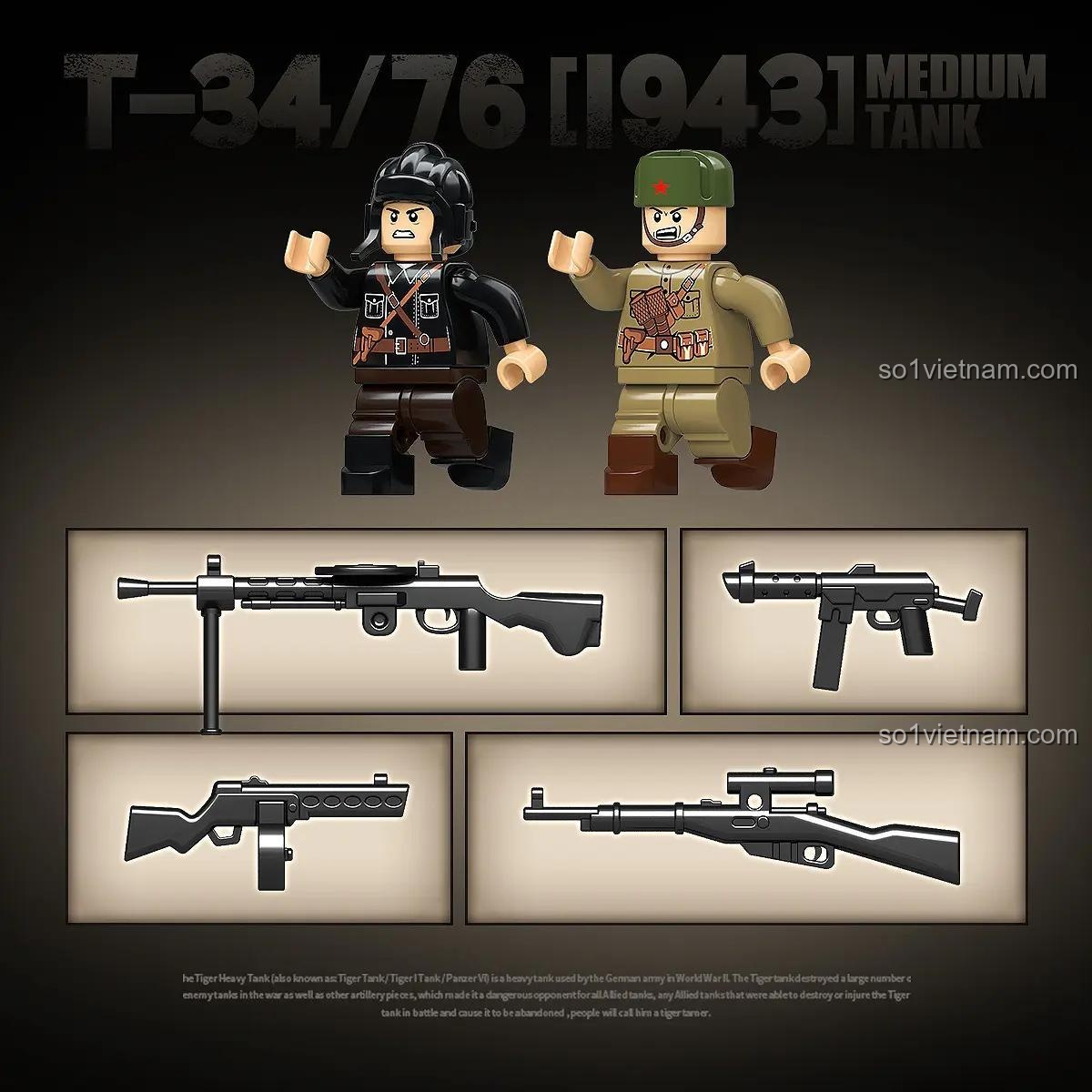 Hai minifigures lính Hồng quân và các vũ khí đi kèm trong bộ lắp ráp Quan Guan 100297 Xe tăng T-34/76.