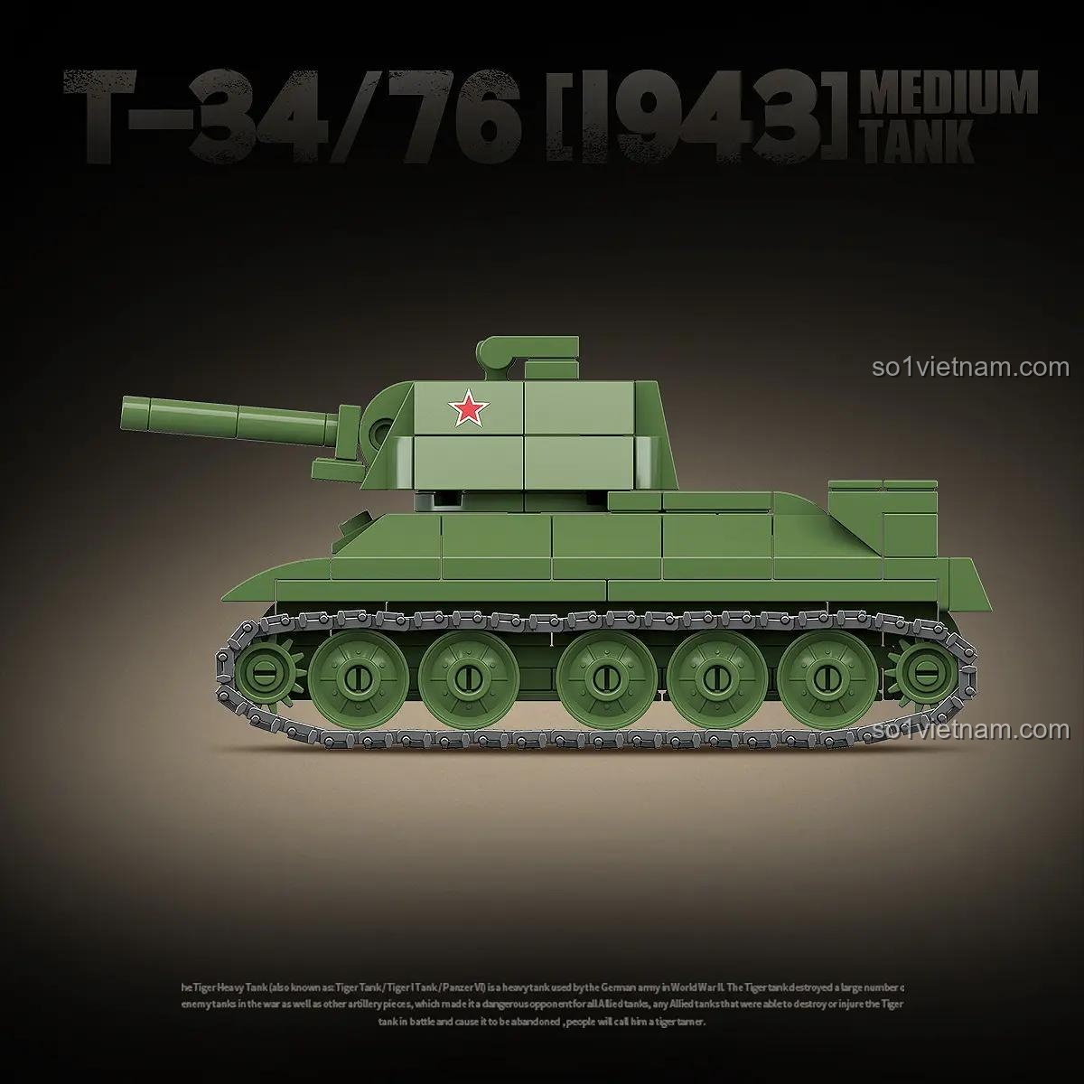 Góc nhìn ngang của bộ đồ chơi xây dựng Xe tăng T-34/76, cho thấy chi tiết hệ thống bánh xích và thân xe.