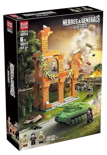 Bộ lắp ghép QUANGUAN 100114 Xe tăng quân sự, mô hình chiến trường Thế chiến II với pháo đài đổ nát và 3 lính bộ binh, phù hợp bé trai 6 tuổi, giá tốt.