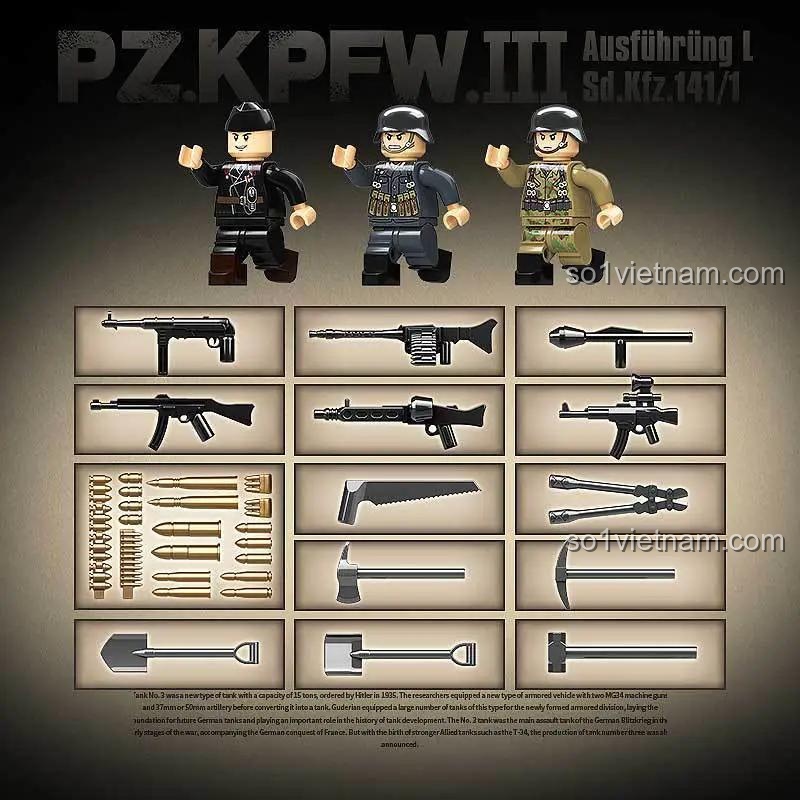 3 minifigures và bộ sưu tập vũ khí đa dạng của Xe Tăng Đức Panzer III L 247, bộ lắp ghép Mô hình Xe Tăng Panzer III L