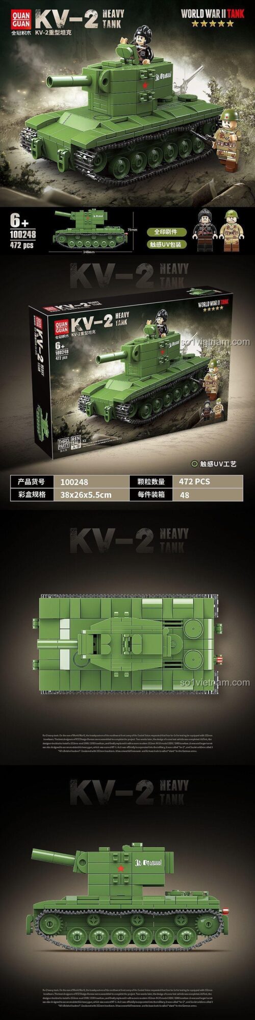 đồ chơi lắp ráp Xe Tăng Quân Sự KV-2 QUANGUAN 100248 với 2 minifigures lính và chi tiết chân thực, phát triển tư duy chiến thuật