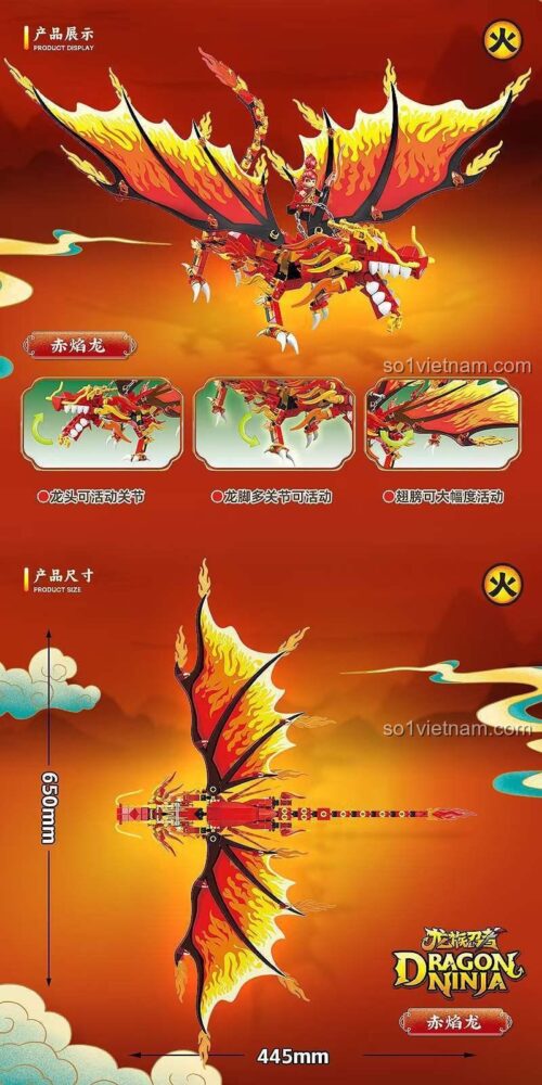 Mô hình Rồng Lửa Ninja QUANGUAN 100254 với kích thước chi tiết, bộ đồ chơi Ninja Rồng cho bé trai 14 tuổi.