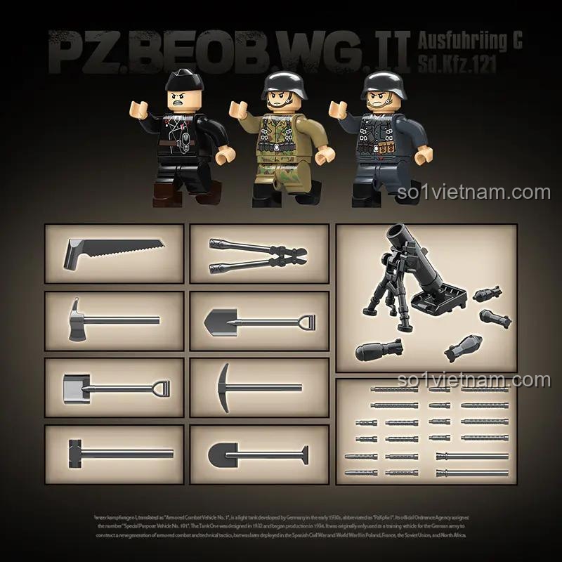 3 minifigures lính và bộ phụ kiện vũ khí đa dạng đi kèm bộ lắp ghép QUANGUAN 100275 Xe Tăng Quân Sự Thế Chiến II, tăng cường trải nghiệm chơi.