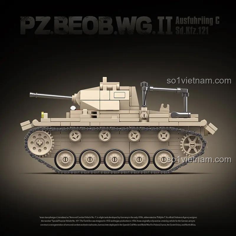 Mô hình Xe Tăng Quan Sát Pháo Binh QUANGUAN 100275 nhìn ngang, thể hiện hệ thống bánh xích và tháp pháo.