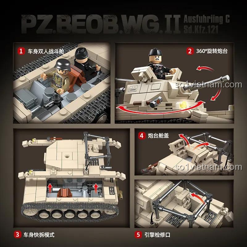 Các tính năng nổi bật của bộ lắp ghép QUANGUAN 100275 Xe Tăng Quan Sát Pháo Binh Kiểu II C: tháp pháo xoay 360 độ, khoang lái 2 người, thiết kế module tháo lắp nhanh.