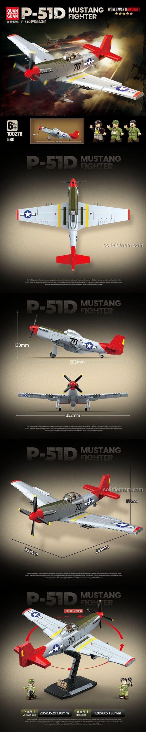 đồ chơi mô hình QUANGUAN 100278 Máy bay chiến đấu P-51D Mustang với kích thước chi tiết, phù hợp bé trai 6 tuổi