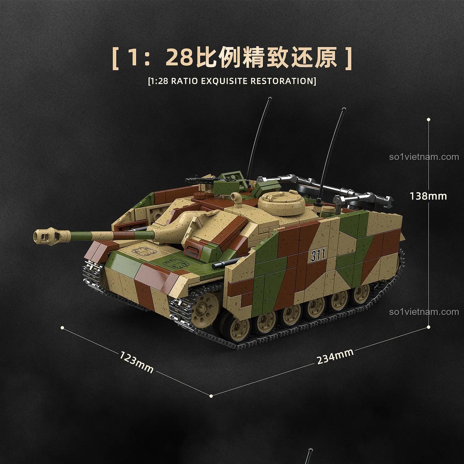 Kích thước mô hình xe tăng StuG.III G tỉ lệ 1:28 QUANGUAN 100306 1058 mảnh cho bé trai 6 tuổi