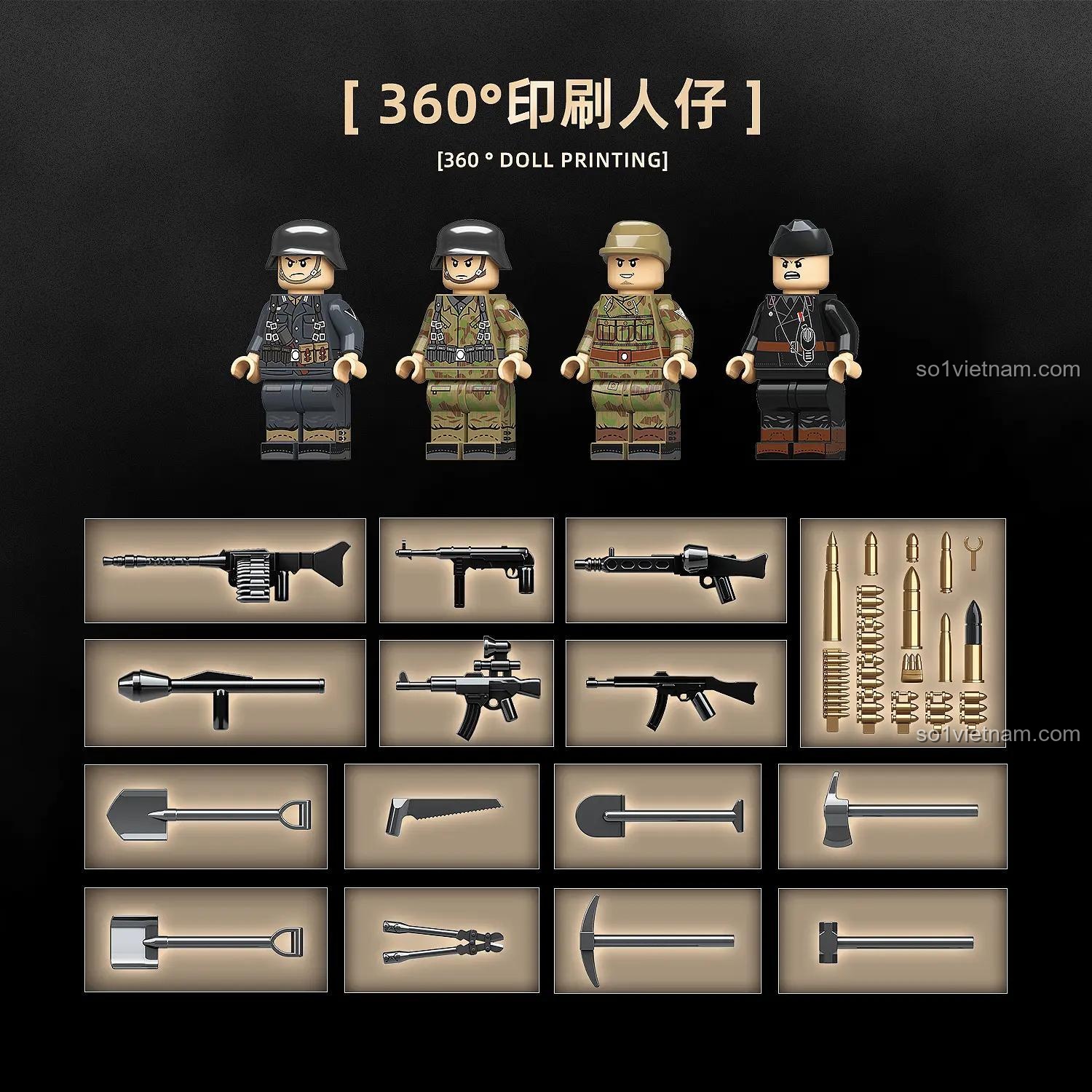 Minifigure và vũ khí của bộ đồ chơi lắp ghép xe tăng StuG.III G tỉ lệ 1:28 QUANGUAN 100306 1058 mảnh cho bé trai 6 tuổi