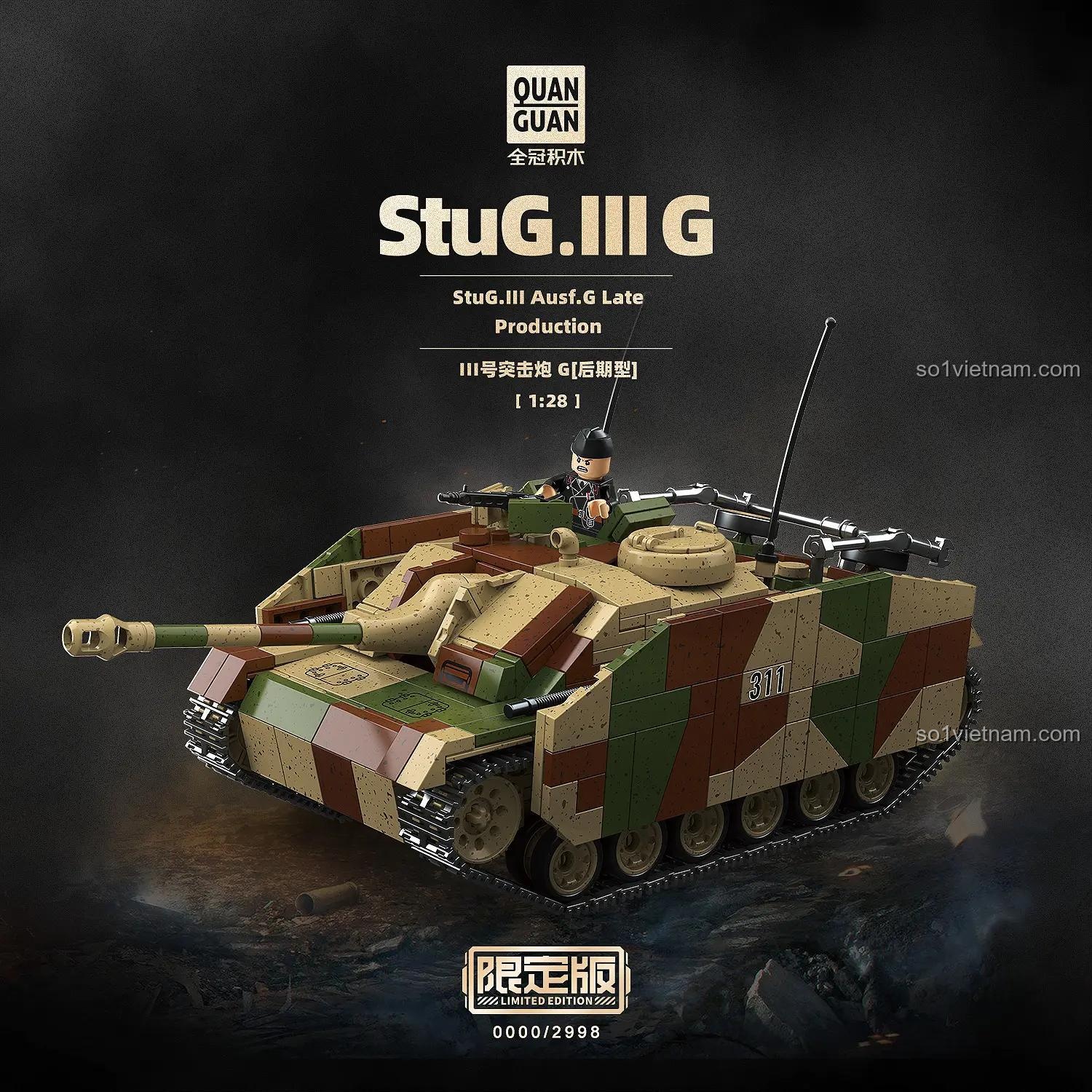 Mô hình xe tăng StuG.III G tỉ lệ 1:28 QUANGUAN 100306 1058 mảnh màu ngụy trang cho bé trai 6 tuổi