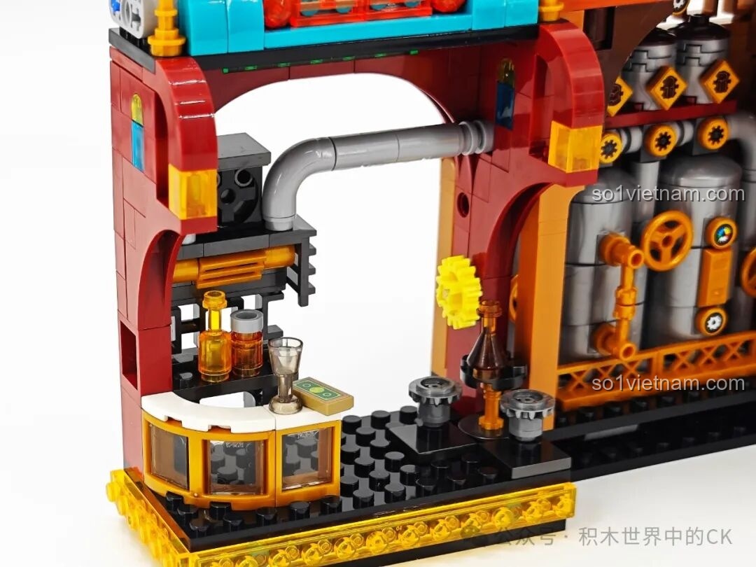 Quầy pha chế nhỏ ở cánh trái của mô hình ZHEGAO 958013, nơi sản phẩm từ nhà máy được đưa ra phục vụ.