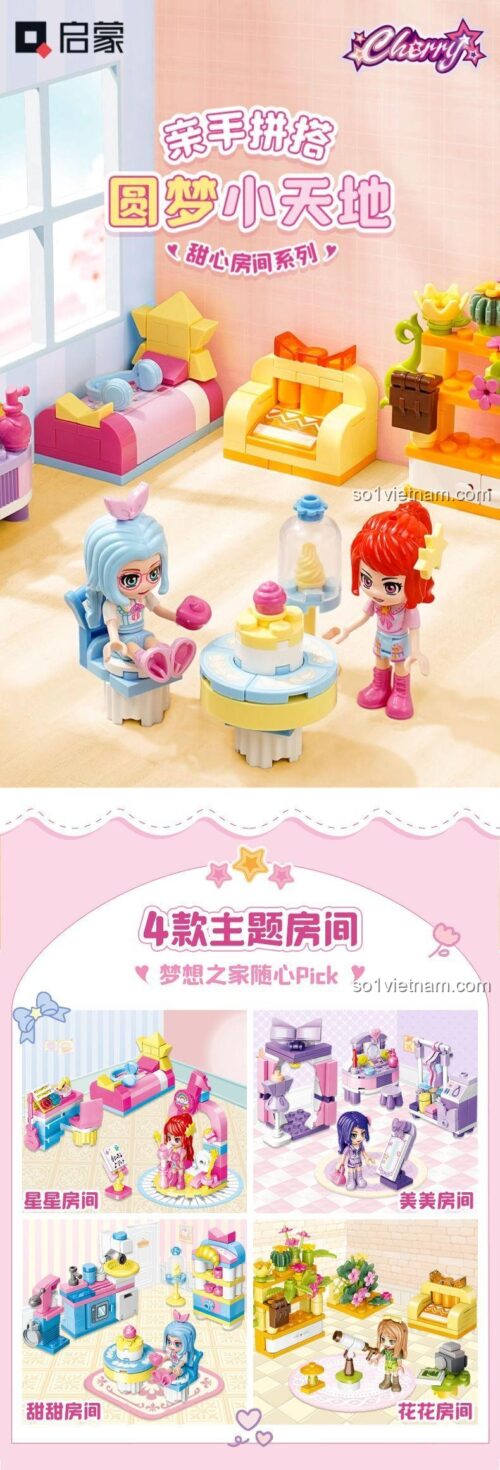 Bộ lắp ghép Cherry 31019-1 với các mô hình phòng trang trí, màu hồng chủ đạo, phù hợp cho bé gái 6 tuổi