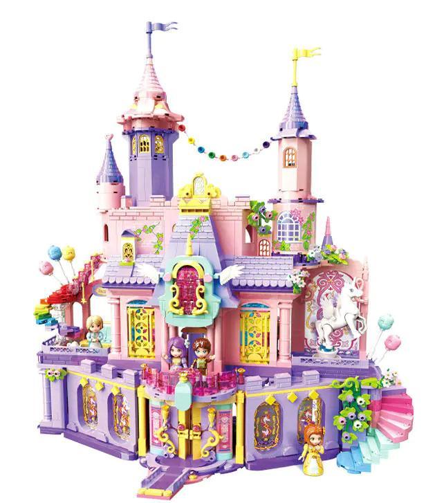 Mô hình Lâu Đài Cổ Tích Ánh Sáng 2116 mảnh ghép, 6 minifigures, xe ngựa và kỳ lân, màu hồng tím trắng, đồ chơi lắp ráp cho bé gái 6 tuổi
