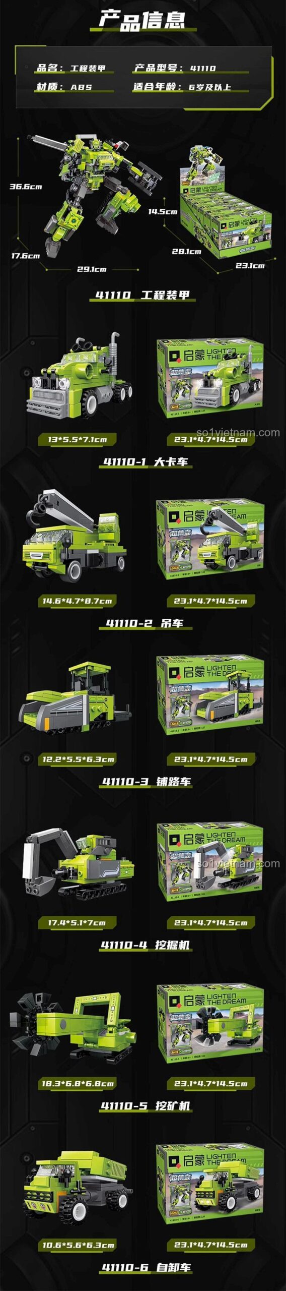 Tổng hợp 6 mẫu xe công trình có thể lắp ráp từ bộ lắp ghép kỹ thuật 41110, bao gồm xe tải, xe cẩu, xe lu, máy xúc, máy đào, xe ben.